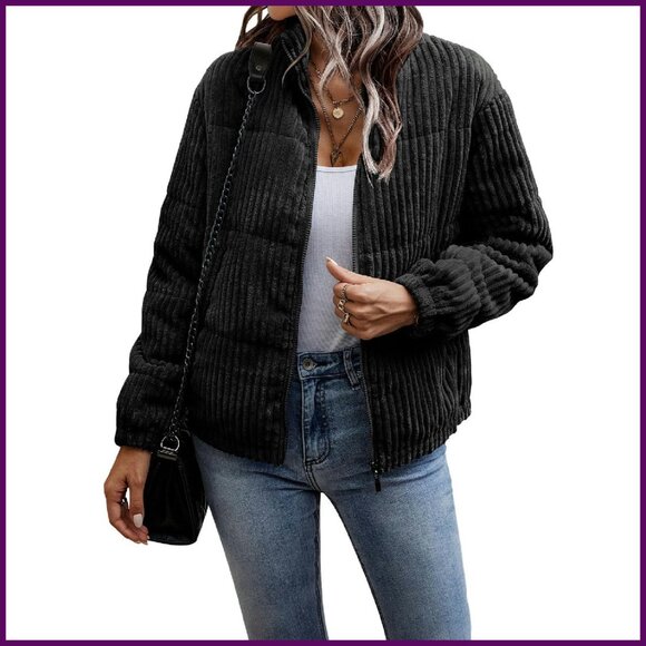 Quilted Corduroy Puffer Jacket Women's Lightweight Baggy Zip Fall Coat